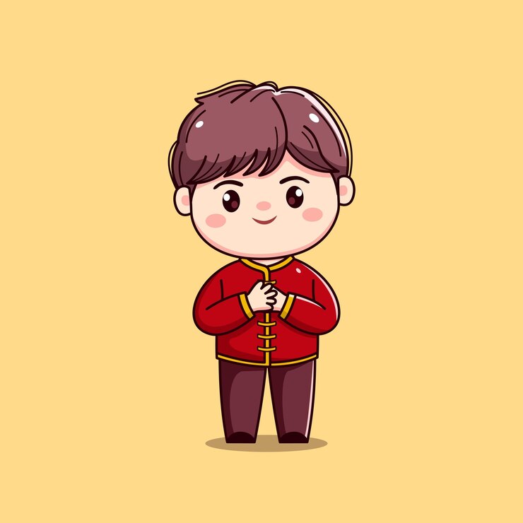 Vector personaje de dibujos animados en traje rojo tradicional año nuevo chino