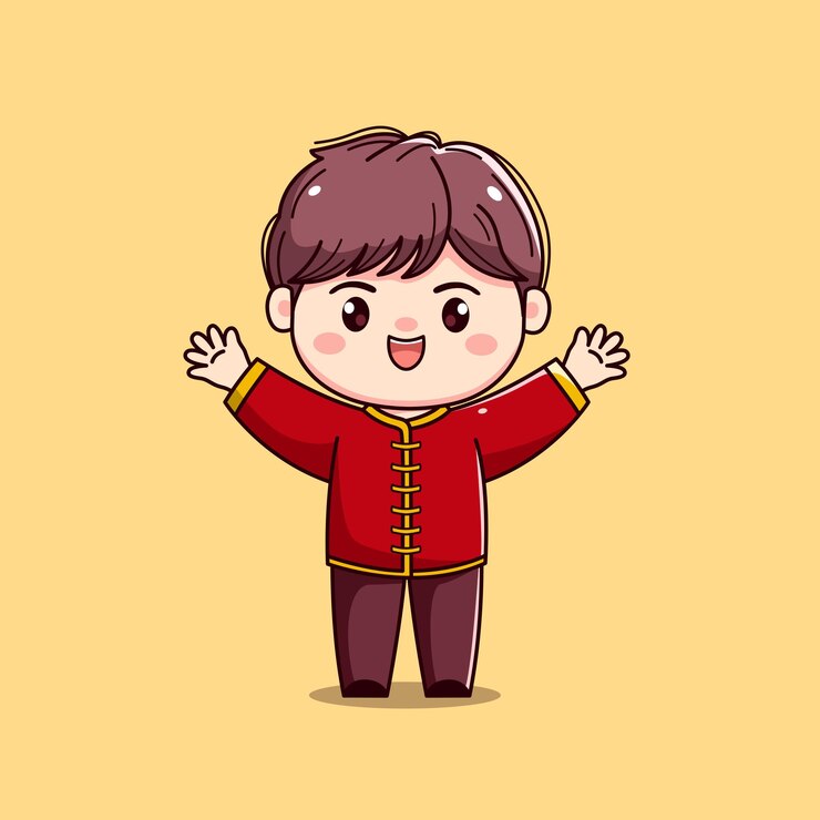 Vector personaje de dibujos animados en traje rojo tradicional año nuevo chino