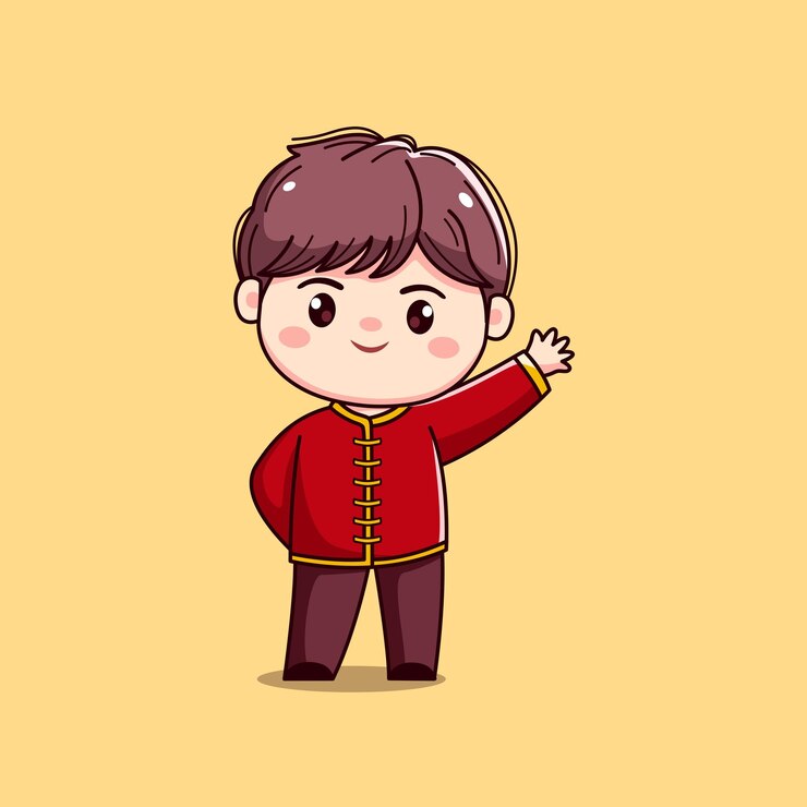 Vector personaje de dibujos animados en traje rojo tradicional año nuevo chino