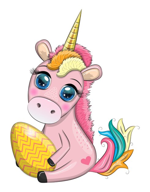 Vector personaje de dibujos animados de unicornio de pascua con tarjeta postal de huevo de pascua