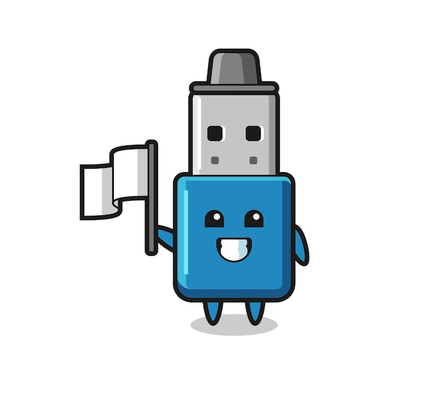 Personaje de dibujos animados de unidad flash usb sosteniendo una bandera