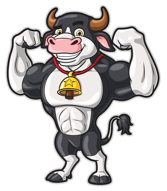Personaje de dibujos animados de vaca saludable y fuerte.