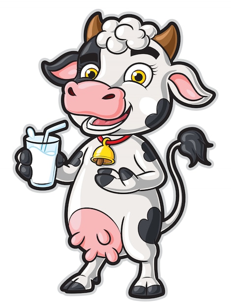 Personaje de dibujos animados de vaca con un vaso de leche