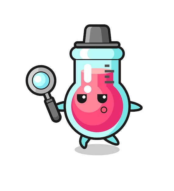 Personaje de dibujos animados de vaso de laboratorio que busca con una lupa, diseño de estilo lindo para camiseta, pegatina, elemento de logotipo