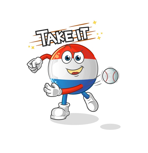 Personaje de dibujos animados de vector de béisbol lanzando bandera holandesa