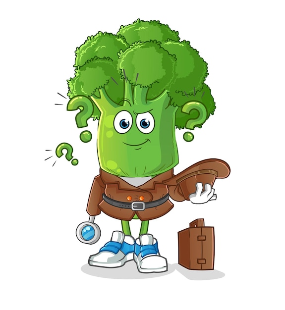 Personaje de dibujos animados de vector de detective de dibujos animados de cabeza de brócoli