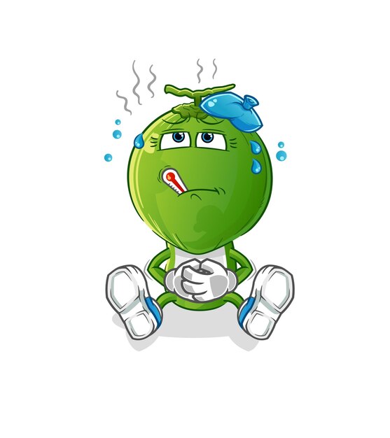 Personaje de dibujos animados de vector enfermo de dibujos animados de cabeza de coco verde