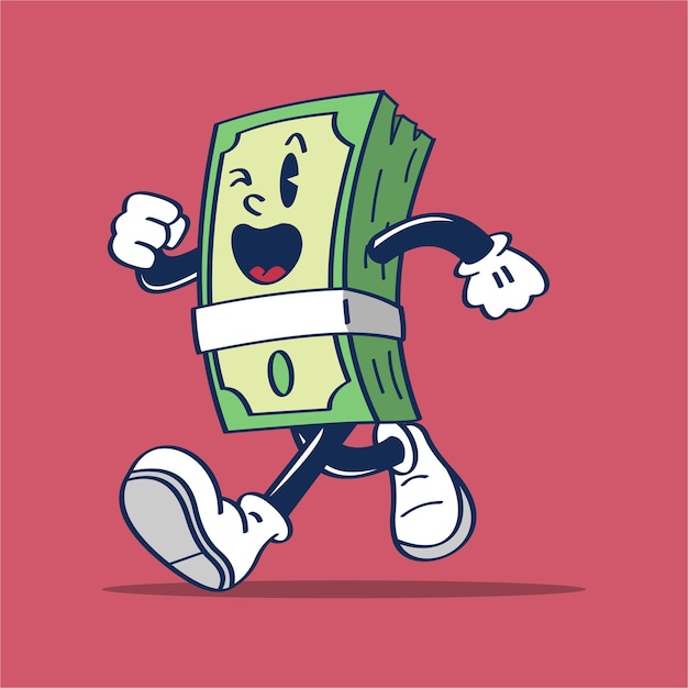 Un personaje de dibujos animados de un vector de ilustración de dibujo a mano de dinero corriendo