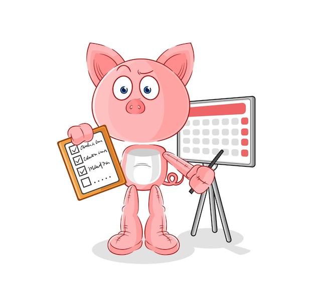 Personaje de dibujos animados de vector de lista de horario de cerdo