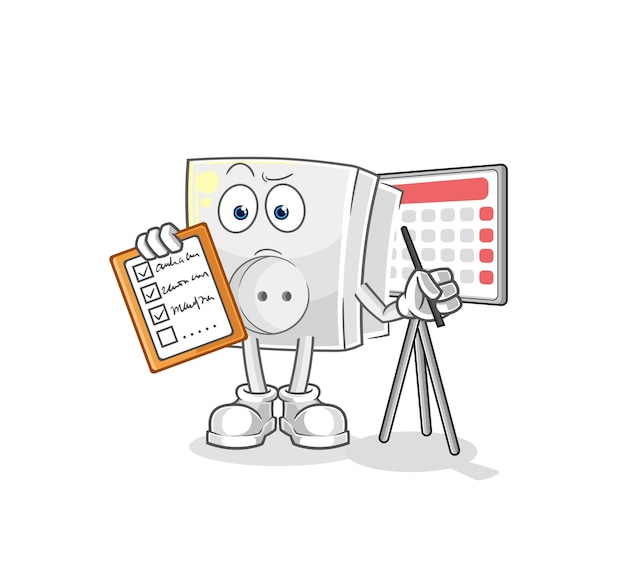 Personaje de dibujos animados de vector de lista de horario de enchufe eléctrico