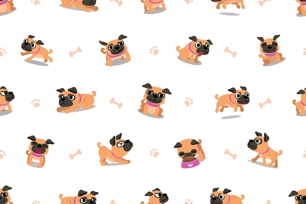 Personaje de dibujos animados vector patrón transparente de perro pug