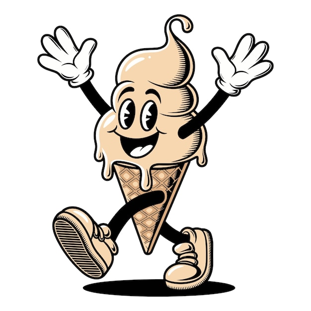 Personaje de dibujos animados vectorial de un cono de helado alegre en una postura lúdica con una expresión facial feliz