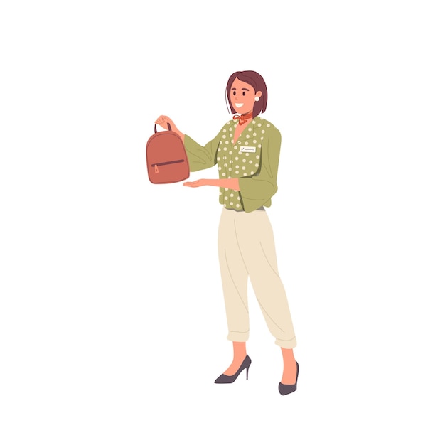Personaje de dibujos animados de vendedora que ofrece una bolsa de cuero hecha a mano de moda aislada en blanco
