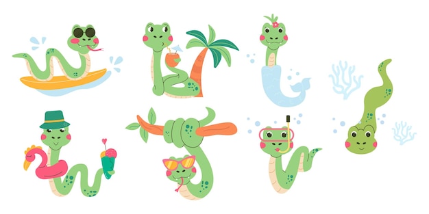 Vector personaje de dibujos animados de verano, serpiente dibujada a mano.