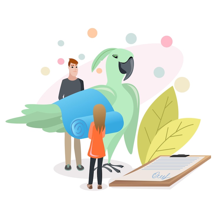 Vector personaje de dibujos animados de veterinaria haciendo tratamiento de loro