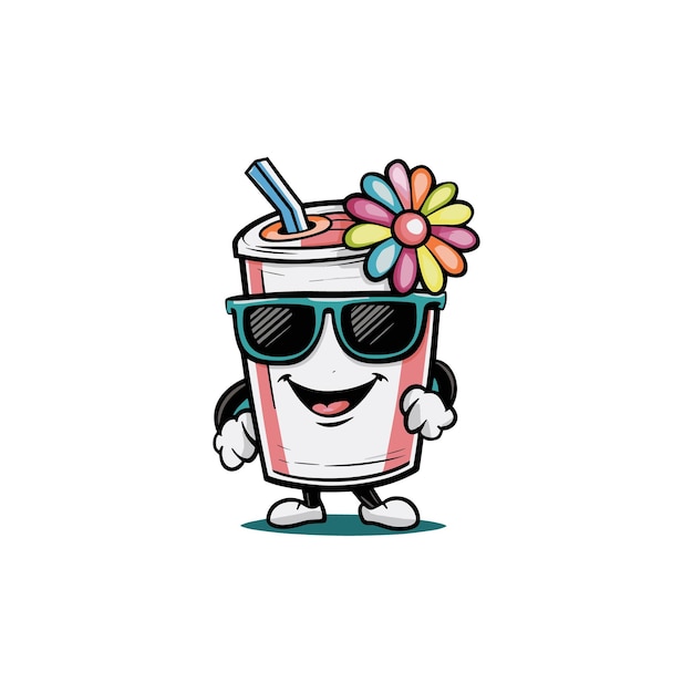 Personaje de dibujos animados de vidrio con una flor y paja Ilustración vectorial
