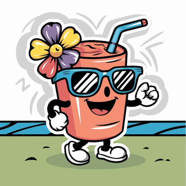 Personaje de dibujos animados de vidrio con una pajita rosa de flor Ilustración vectorial