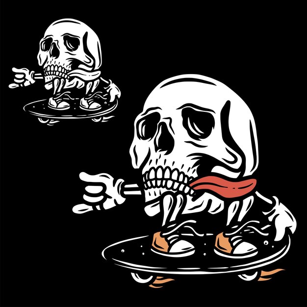 personaje de dibujos animados vintage cráneo skateboarding cabeza cara ilustración