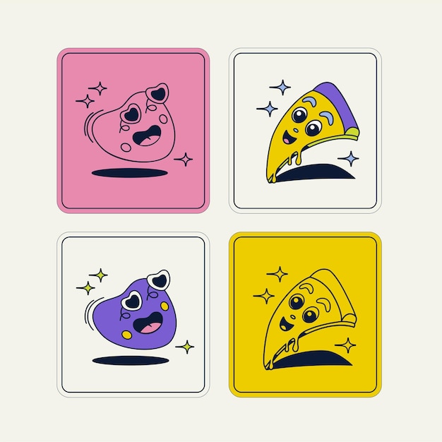 Un personaje de dibujos animados vintage de una pizza y un corazón.