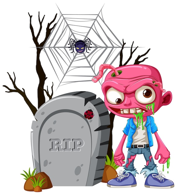 Personaje de dibujos animados zombie parado frente a Tombstone