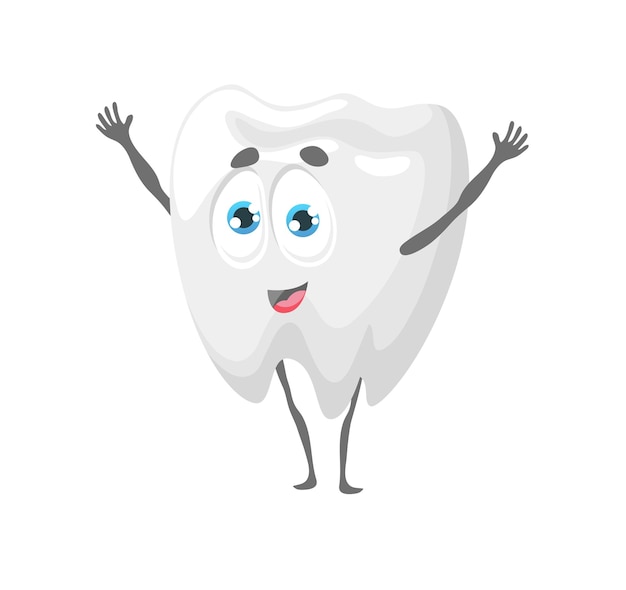 Personaje de diente de dibujos animados divertidos humanos personaje cómico de dientes blancos feliz sonriendo y agitando las manos carácter de vector aislado de salud oral de diente molar saludable divertido y alegre