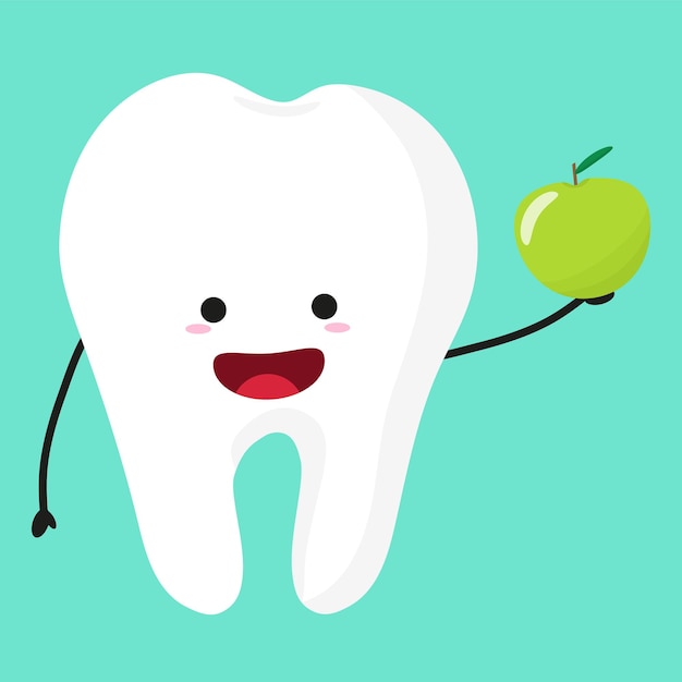 Vector personaje de diente de dibujos animados de vector con ilustración dental de comida saludable de manzana para niños