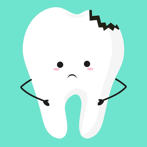 Vector personaje de diente de dibujos animados vectoriales con caries y dolor de muelas ilustración dental para niños