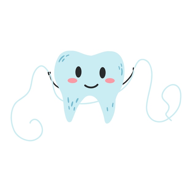 Personaje de diente kawaii dibujado a mano usando hilo dental en estilo plano de dibujos animados ilustración vectorial del proceso de limpieza de dientes concepto de cuidado dental higiene bucal