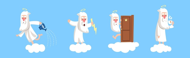 El personaje de dios barbudo gracioso en el conjunto vectorial de nubes suaves