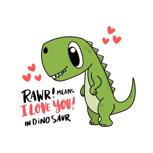 personaje divertido dinosaurio o tiranosaurio reptil jurásico la inscripción rawr significa te amo