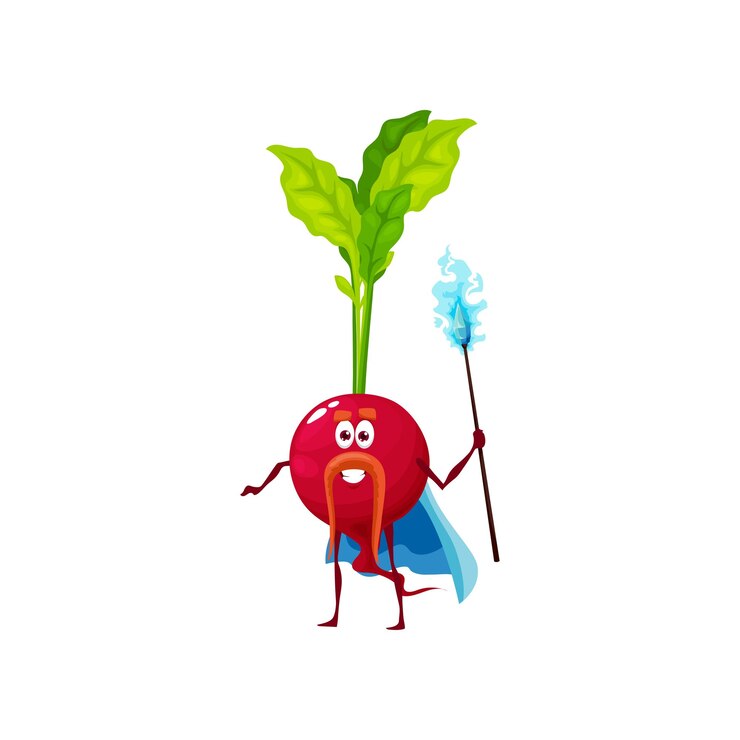 Vector personaje divertido de mago vegetal de rábano de dibujos animados