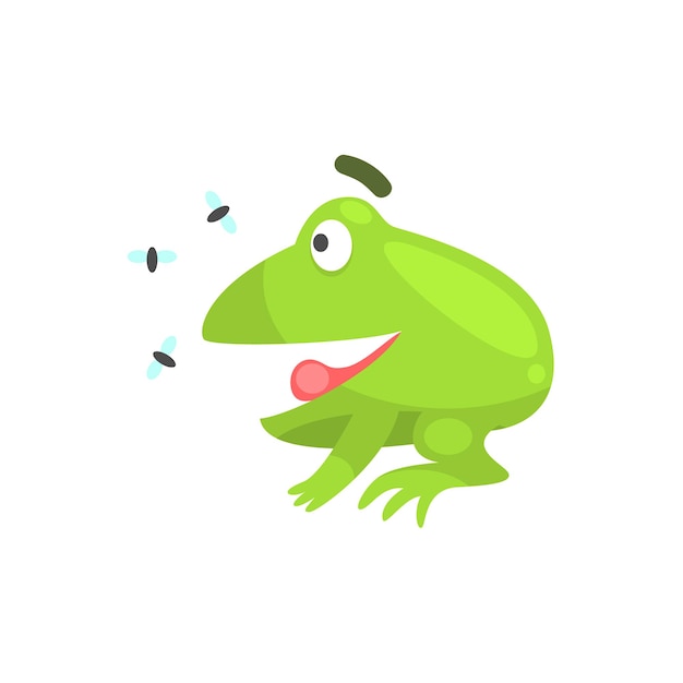 Personaje divertido de rana verde feliz mirando insectos Ilustración de dibujos animados infantiles