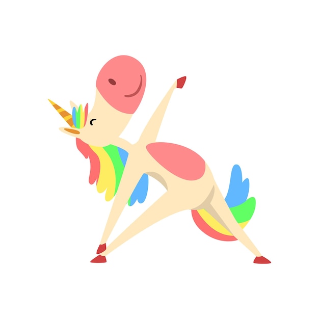 Personaje divertido de unicornio con melena y cola de arco iris practicando ilustración vectorial de ejercicio de yoga