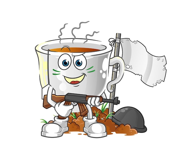 Personaje de ejército de taza de té. vector de mascota de dibujos animados