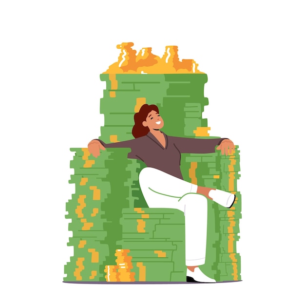 Vector personaje de empresaria rica y millonaria sentada en un trono hecho de pilas de dinero monedas de oro y dólares crecimiento empresarial