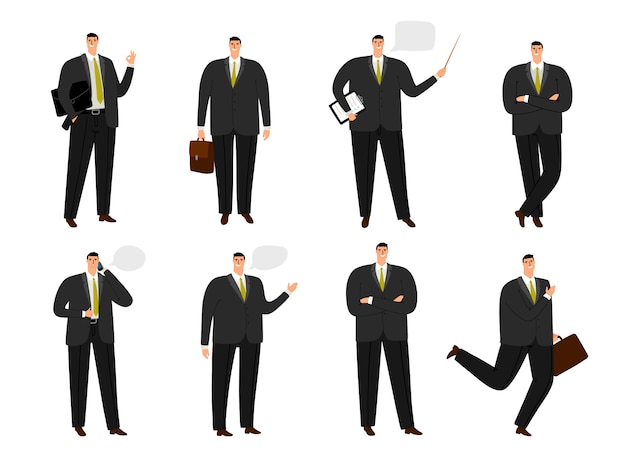 Personaje de empresario colección de hombre de trabajo de oficina aislada en blanco, hombre de negocios de dibujos animados en poses de pie y saltando