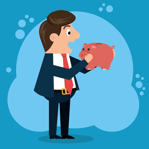 personaje de empresario con iconos de economía