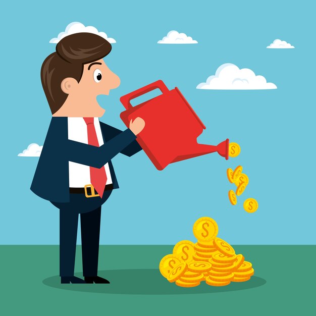 personaje de empresario con iconos de economía