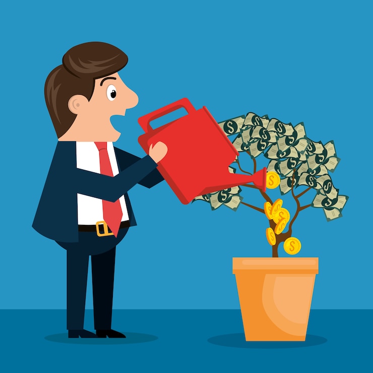 Vector personaje de empresario con iconos de economía