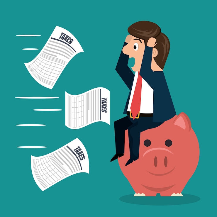 Vector personaje de empresario con iconos de impuestos