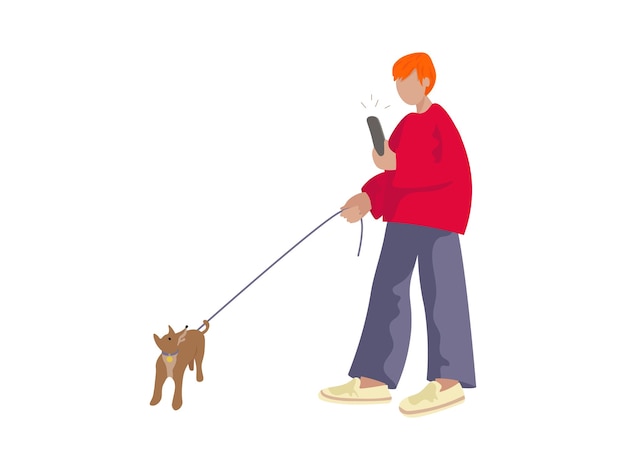 El personaje es un hombre joven con un teléfono en la mano y un perro con correa Ilustración vectorial