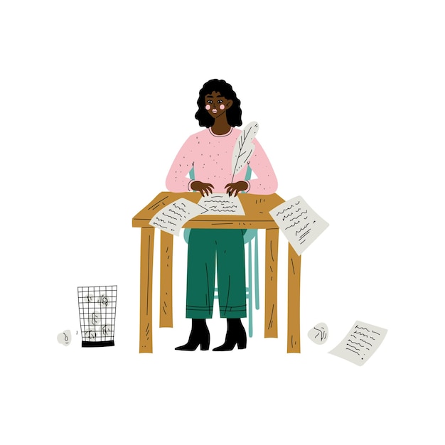 Vector personaje de escritora o poetisa afroamericana sentada en un escritorio y escribiendo con pluma de pluma ilustración vectorial sobre fondo blanco