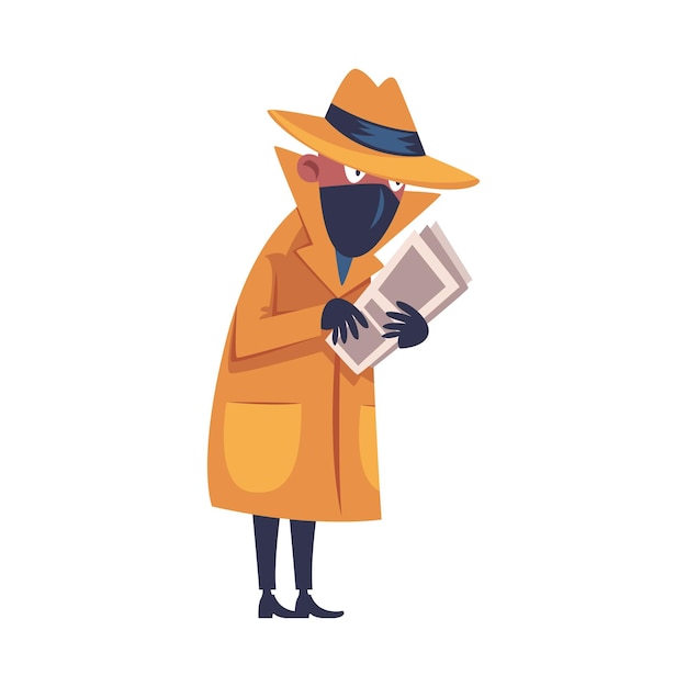 Personaje de espía en abrigo de mostaza y sombrero con ilustración vectorial de investigación de periódico