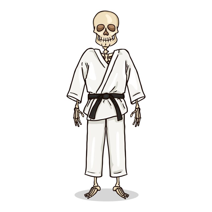 Vector personaje de esqueleto de dibujos animados de vector en kimono de karate blanco