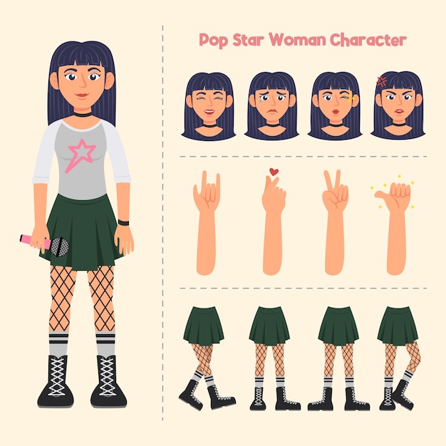 Vector personaje de estrella del pop de mujer para animación con conjunto de plantillas de diseño de cabezas, brazos y piernas