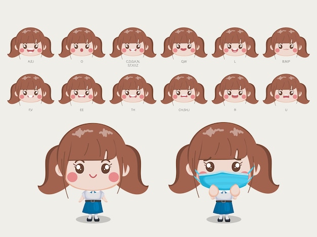 Personaje para estudiante de boca y cara de animación en uniforme de Bangkok Tailandia