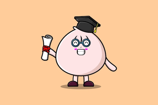 Personaje de estudiante de dibujos animados lindo Dim sum en el día de la graduación con toga en concepto de estilo de dibujos animados plana
