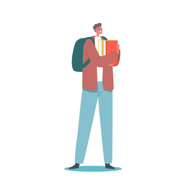 Personaje de estudiante joven en gafas con mochila y libros Personaje masculino Ganando educación Concepto de conocimiento Aprendizaje en la universidad o en la universidad Adolescente educado Ilustración vectorial de dibujos animados