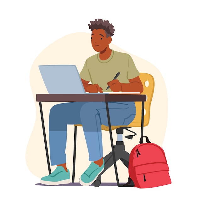 Personaje de estudiante masculino sentado en el escritorio con una computadora portátil escribiendo en un cuaderno en una cómoda ilustración vectorial de espacio de estudio