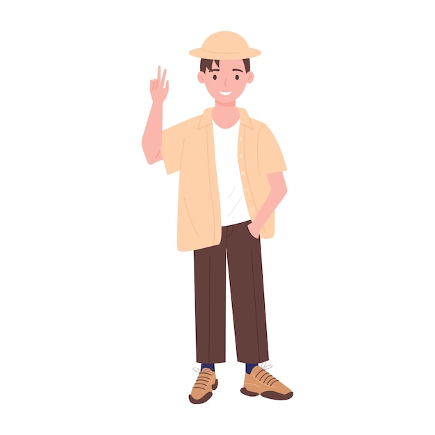 Personaje estudiantil de pie niño adolescente sonriendo y mostrando el gesto de la victoria